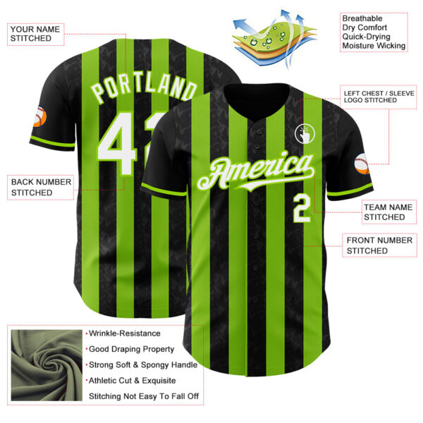 Custom Black White-Neon Green Classic Vertical Stripe Fluid Liquid Texture Authentic Baseball Jersey