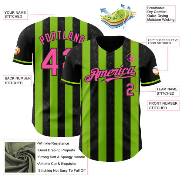 Custom Black Pink-Neon Green Classic Vertical Stripe Fluid Liquid Texture Authentic Baseball Jersey