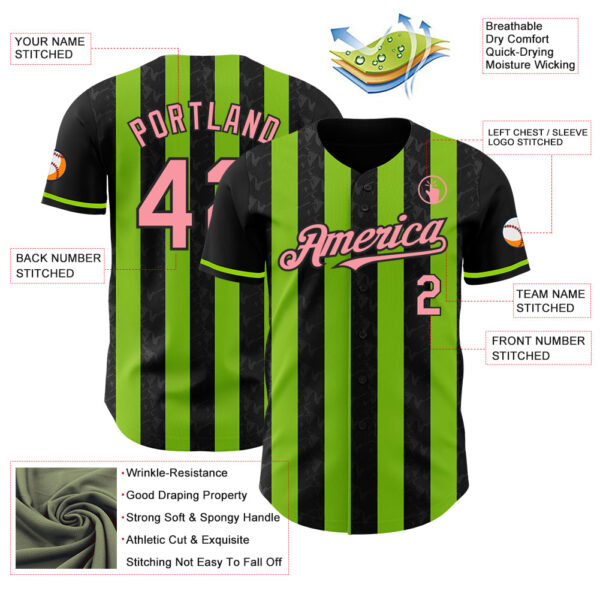 Custom Black Medium Pink-Neon Green Classic Vertical Stripe Fluid Liquid Texture Authentic Baseball Jersey