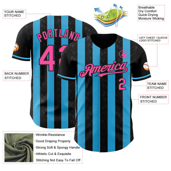 Custom Black Pink-Sky Blue Classic Vertical Stripe Fluid Liquid Texture Authentic Baseball Jersey
