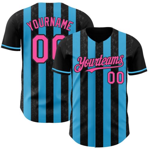 Pinstripe0227 Custom Black Pink-Sky Blue Classic Vertical Stripe Fluid Liquid Texture Authentic Baseball Jersey