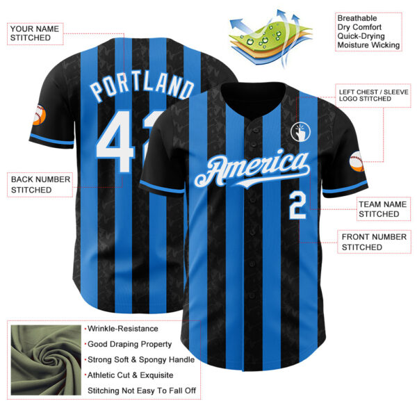 Custom Black White-Electric Blue Classic Vertical Stripe Fluid Liquid Texture Authentic Baseball Jersey