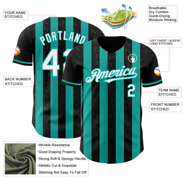 Custom Black White-Aqua Classic Vertical Stripe Fluid Liquid Texture Authentic Baseball Jersey