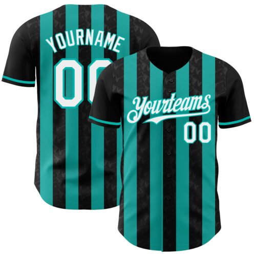Pinstripe0230 Custom Black White-Aqua Classic Vertical Stripe Fluid Liquid Texture Authentic Baseball Jersey