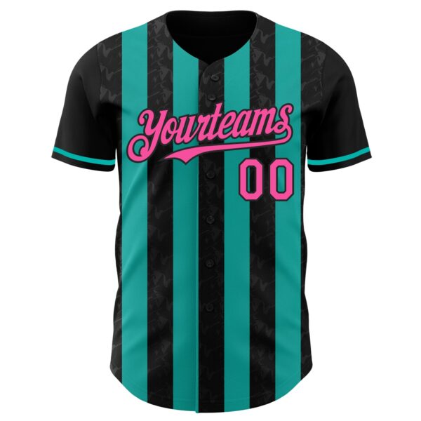 Custom Black Pink-Aqua Classic Vertical Stripe Fluid Liquid Texture Authentic Baseball Jersey