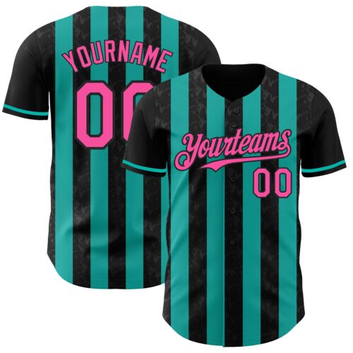 Pinstripe0231 Custom Black Pink-Aqua Classic Vertical Stripe Fluid Liquid Texture Authentic Baseball Jersey