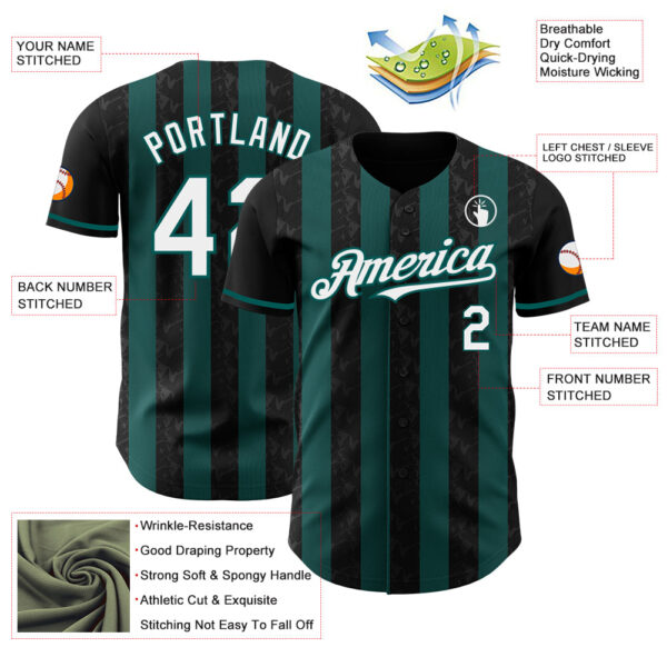 Custom Black White-Midnight Green Classic Vertical Stripe Fluid Liquid Texture Authentic Baseball Jersey