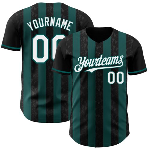 Pinstripe0232 Custom Black White-Midnight Green Classic Vertical Stripe Fluid Liquid Texture Authentic Baseball Jersey