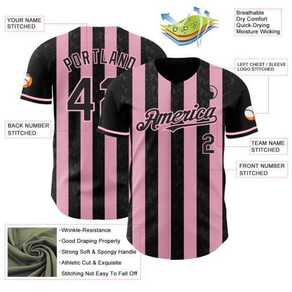 Custom Black-Light Pink Classic Vertical Stripe Fluid Liquid Texture Authentic Baseball Jersey