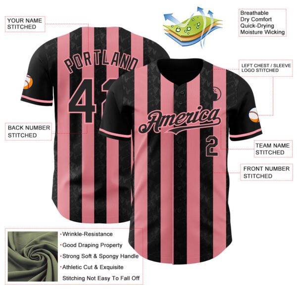 Custom Black-Medium Pink Classic Vertical Stripe Fluid Liquid Texture Authentic Baseball Jersey
