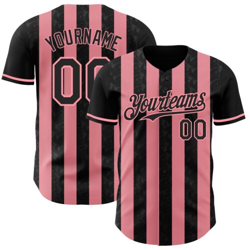 Pinstripe0234 Custom Black-Medium Pink Classic Vertical Stripe Fluid Liquid Texture Authentic Baseball Jersey