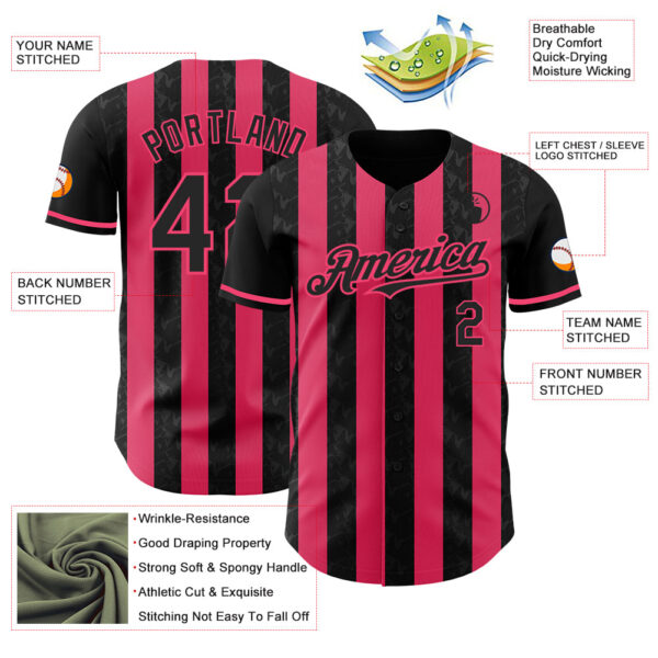 Custom Black-Neon Pink Classic Vertical Stripe Fluid Liquid Texture Authentic Baseball Jersey