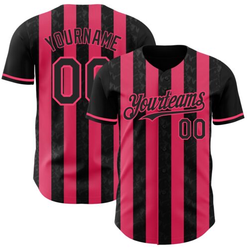 Pinstripe0235 Custom Black-Neon Pink Classic Vertical Stripe Fluid Liquid Texture Authentic Baseball Jersey