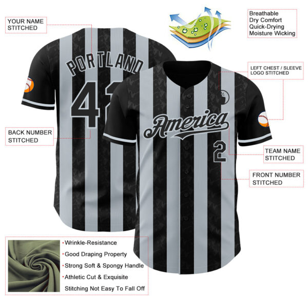 Custom Black-Silver Classic Vertical Stripe Fluid Liquid Texture Authentic Baseball Jersey
