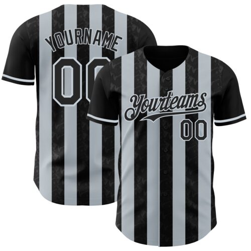 Custom Black-Silver Classic Vertical Stripe Fluid Liquid Texture Authentic Baseball Jersey