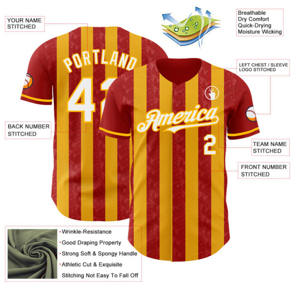 Custom Red White-Gold Classic Vertical Stripe Fluid Liquid Texture Authentic Baseball Jersey