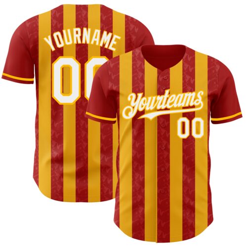 Pinstripe0238 Custom Red White-Gold Classic Vertical Stripe Fluid Liquid Texture Authentic Baseball Jersey