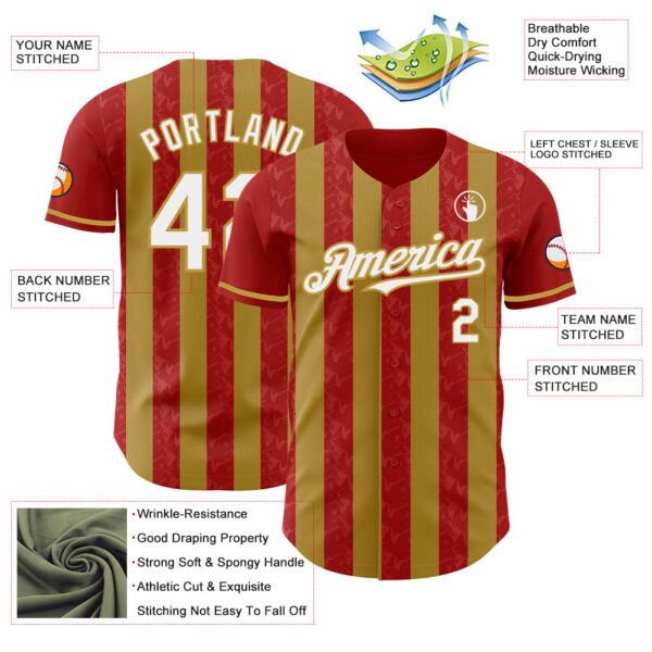 Custom Red White-Old Gold Classic Vertical Stripe Fluid Liquid Texture Authentic Baseball Jersey