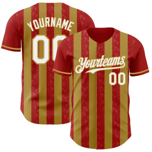 Pinstripe0239 Custom Red White-Old Gold Classic Vertical Stripe Fluid Liquid Texture Authentic Baseball Jersey