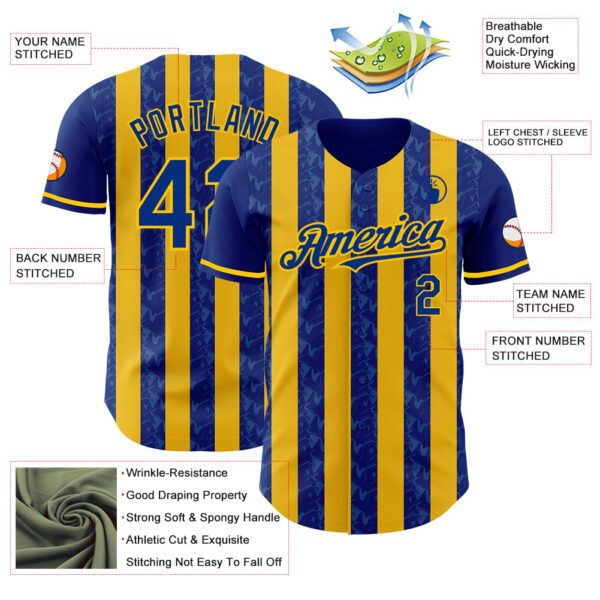 Custom Royal-Yellow Classic Vertical Stripe Fluid Liquid Texture Authentic Baseball Jersey