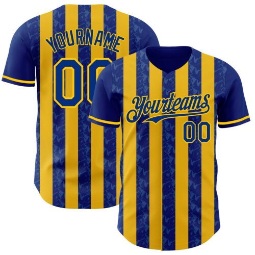 Pinstripe0244 Custom Royal-Yellow Classic Vertical Stripe Fluid Liquid Texture Authentic Baseball Jersey