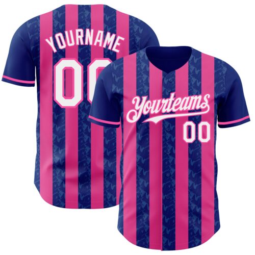 Custom Royal White-Pink Classic Vertical Stripe Fluid Liquid Texture Authentic Baseball Jersey