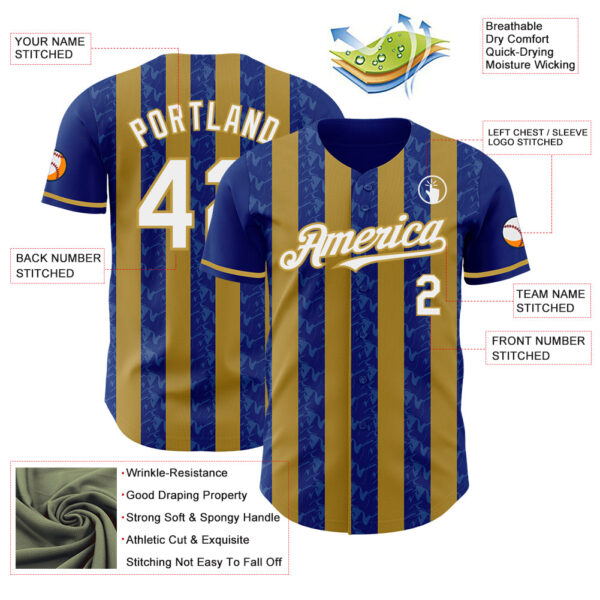 Custom Royal White-Old Gold Classic Vertical Stripe Fluid Liquid Texture Authentic Baseball Jersey