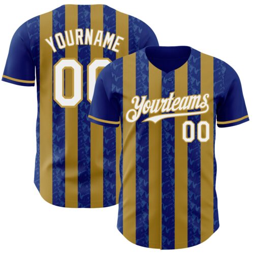 Pinstripe0247 Custom Royal White-Old Gold Classic Vertical Stripe Fluid Liquid Texture Authentic Baseball Jersey