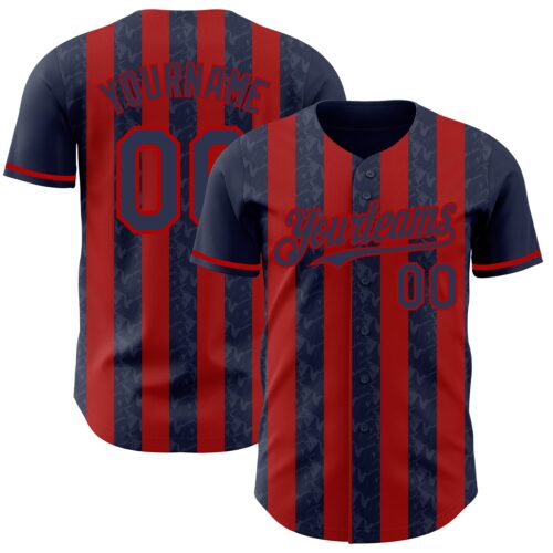 Pinstripe0252 Custom Navy-Red Classic Vertical Stripe Fluid Liquid Texture Authentic Baseball Jersey