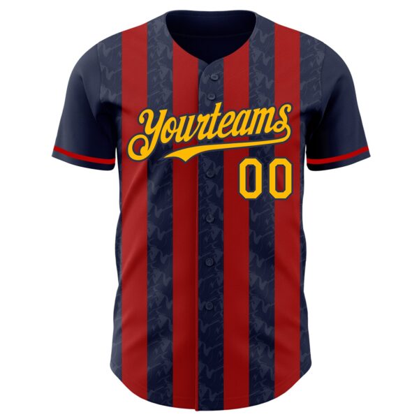 Custom Navy Gold-Red Classic Vertical Stripe Fluid Liquid Texture Authentic Baseball Jersey