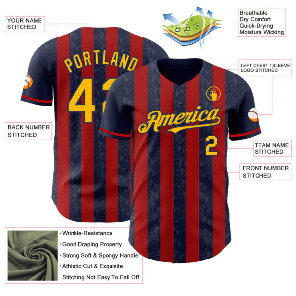 Custom Navy Gold-Red Classic Vertical Stripe Fluid Liquid Texture Authentic Baseball Jersey