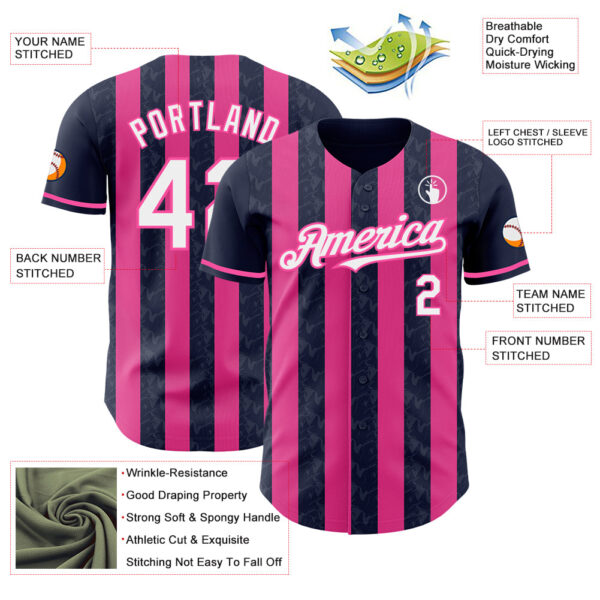 Custom Navy White-Pink Classic Vertical Stripe Fluid Liquid Texture Authentic Baseball Jersey
