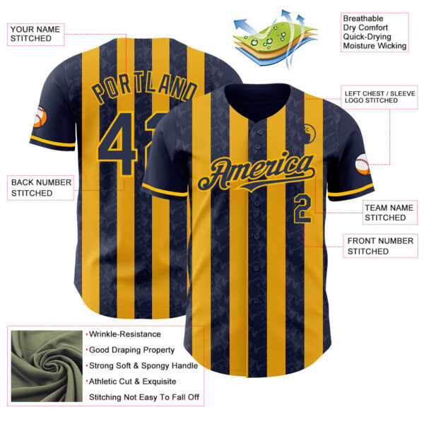 Custom Navy-Gold Classic Vertical Stripe Fluid Liquid Texture Authentic Baseball Jersey
