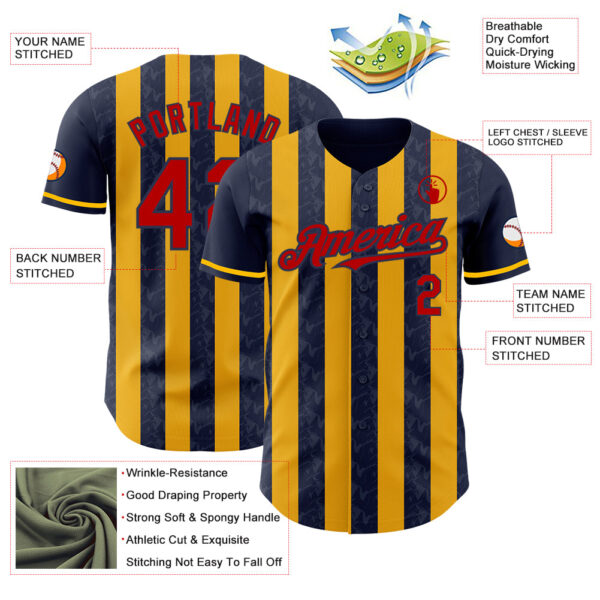Custom Navy Red-Gold Classic Vertical Stripe Fluid Liquid Texture Authentic Baseball Jersey