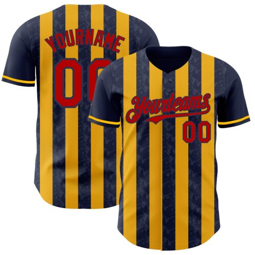 Pinstripe0258 Custom Navy Red-Gold Classic Vertical Stripe Fluid Liquid Texture Authentic Baseball Jersey