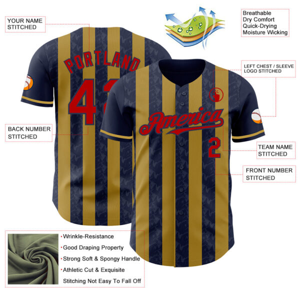 Custom Navy Red-Old Gold Classic Vertical Stripe Fluid Liquid Texture Authentic Baseball Jersey
