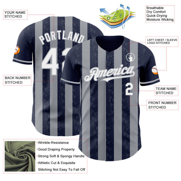 Custom Navy White-Gray Classic Vertical Stripe Fluid Liquid Texture Authentic Baseball Jersey