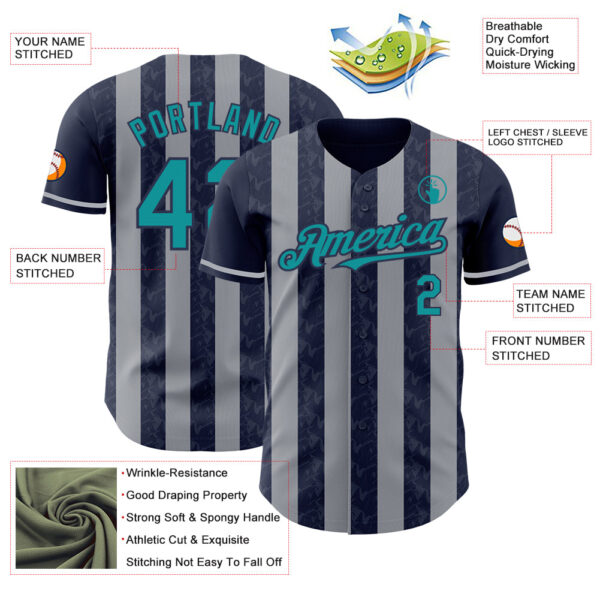 Custom Navy Teal-Gray Classic Vertical Stripe Fluid Liquid Texture Authentic Baseball Jersey