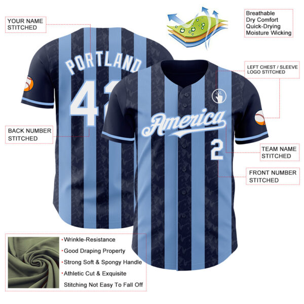 Custom Navy White-Light Blue Classic Vertical Stripe Fluid Liquid Texture Authentic Baseball Jersey