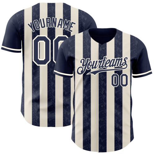Pinstripe0264 Custom Navy Cream-Cream Classic Vertical Stripe Fluid Liquid Texture Authentic Baseball Jersey