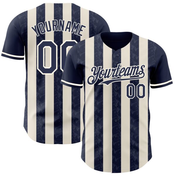 Custom Navy Cream-Cream Classic Vertical Stripe Fluid Liquid Texture Authentic Baseball Jersey