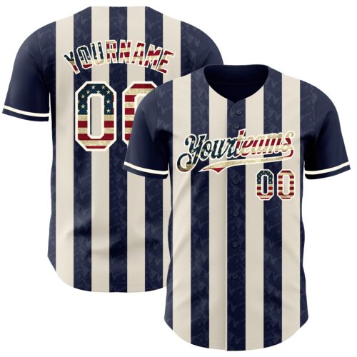 Pinstripe0265 Custom Navy Vintage USA Flag Cream-Cream Classic Vertical Stripe Fluid Liquid Texture Authentic Baseball Jersey