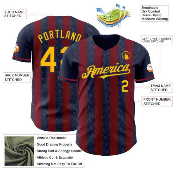 Custom Navy Gold-Crimson Classic Vertical Stripe Fluid Liquid Texture Authentic Baseball Jersey