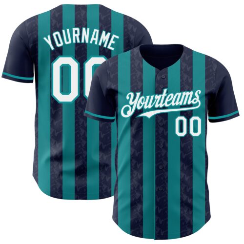 Pinstripe0269 Custom Navy White-Teal Classic Vertical Stripe Fluid Liquid Texture Authentic Baseball Jersey