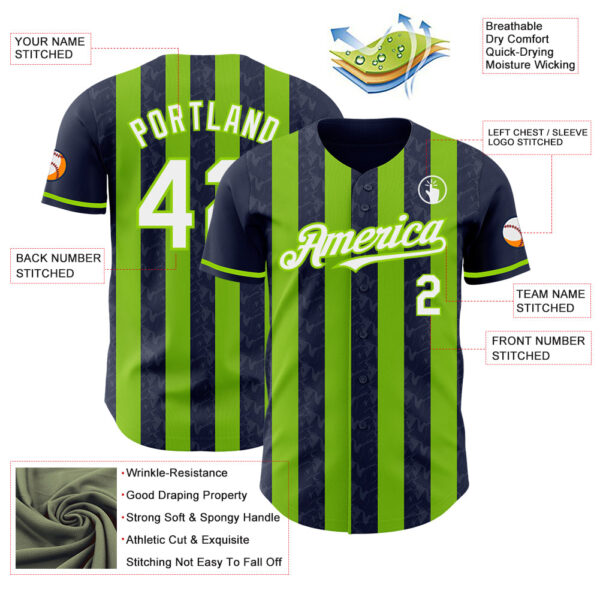 Custom Navy White-Neon Green Classic Vertical Stripe Fluid Liquid Texture Authentic Baseball Jersey