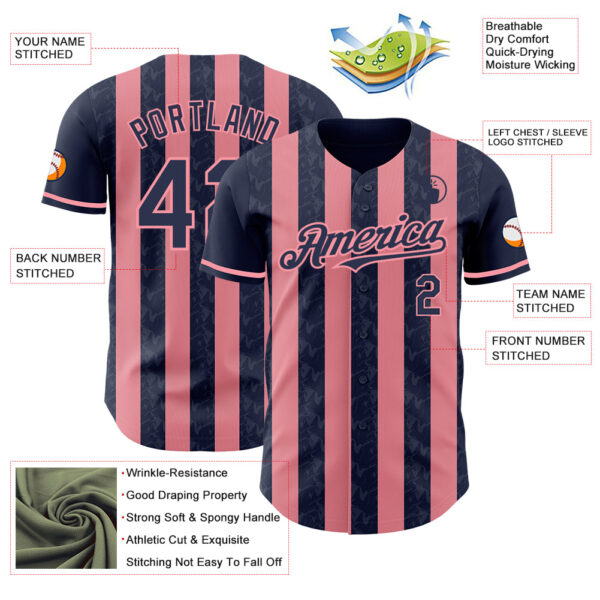 Custom Navy-Medium Pink Classic Vertical Stripe Fluid Liquid Texture Authentic Baseball Jersey