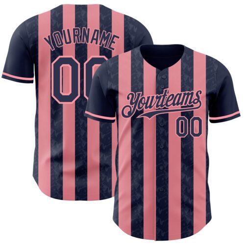 Pinstripe0271 Custom Navy-Medium Pink Classic Vertical Stripe Fluid Liquid Texture Authentic Baseball Jersey