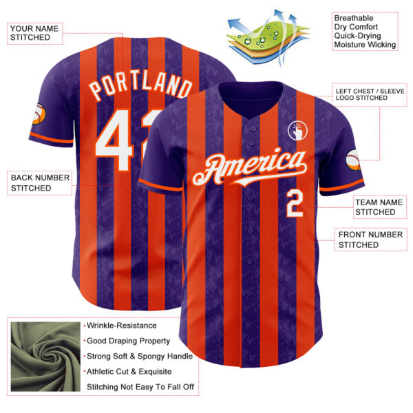 Custom Purple White-Orange Classic Vertical Stripe Fluid Liquid Texture Authentic Baseball Jersey