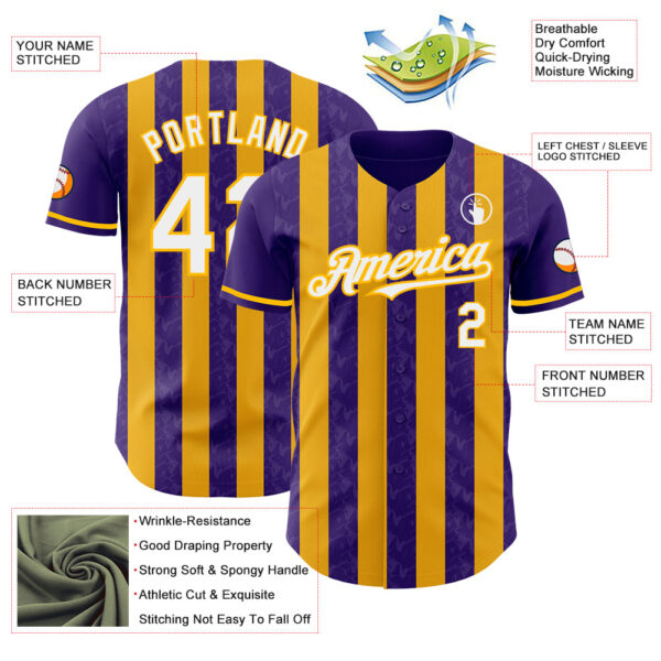 Custom Purple White-Gold Classic Vertical Stripe Fluid Liquid Texture Authentic Baseball Jersey