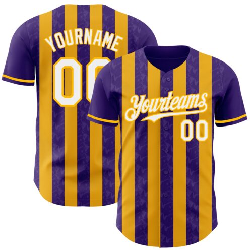 Pinstripe0277 Custom Purple White-Gold Classic Vertical Stripe Fluid Liquid Texture Authentic Baseball Jersey
